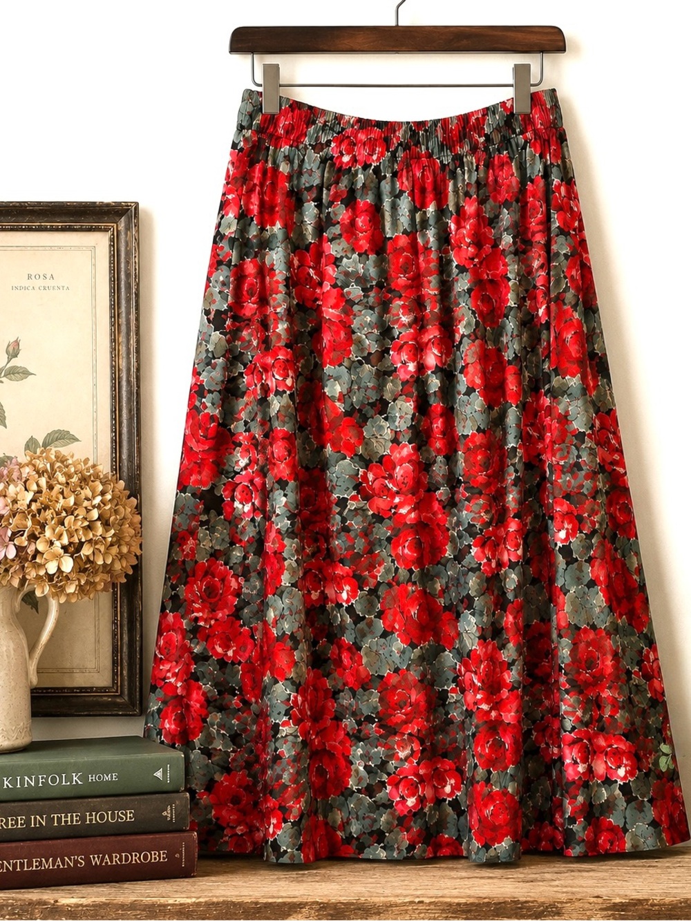 Vintage 90s Red Rose Floral Midi Skirt Romantic Cottagecore Dark Floral M Preppy